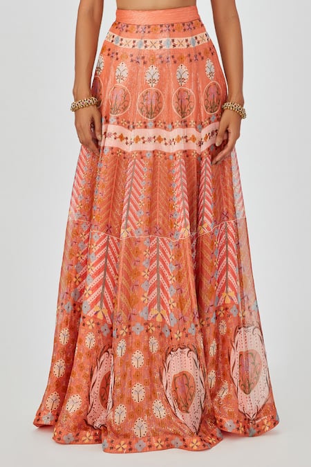 Aisha Rao_Orange Georgette Embroidery Square Farhat Geometric And Floral Print Skirt Set _at_Aza_Fashions
