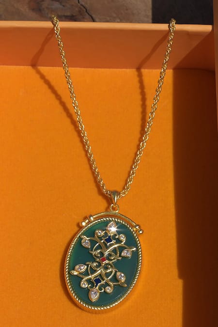 Shop Zariin Green Carved Onyx Embellished Pendant Necklace at Aza Fashions Shop_Zariin_Green Carved Onyx Embellished Pendant Necklace _at_Aza_Fashions
