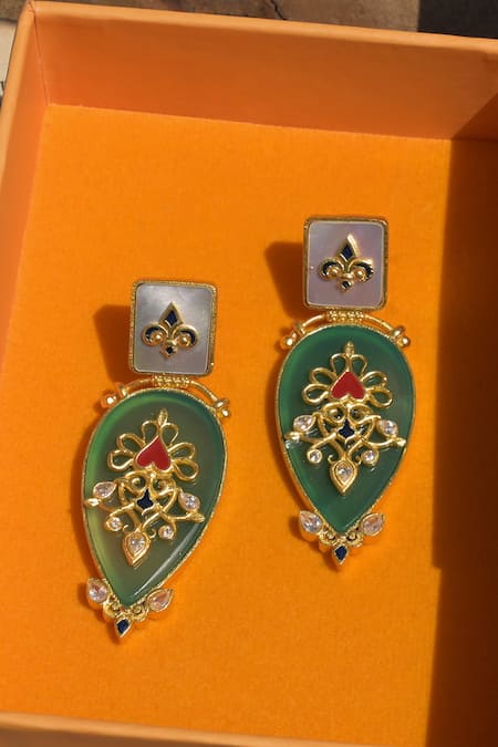 Shop Zariin Green Crystals, Stones Onyx Embellished Earrings at Aza Fashions Shop_Zariin_Green Crystals, Stones Onyx Embellished Earrings _at_Aza_Fashions