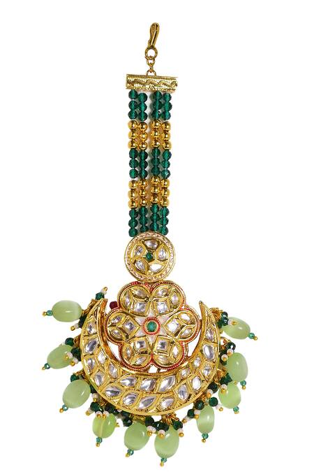 Shop_Tizora_Gold Plated Crescent Moon Motif Maangtikka _at_Aza_Fashions