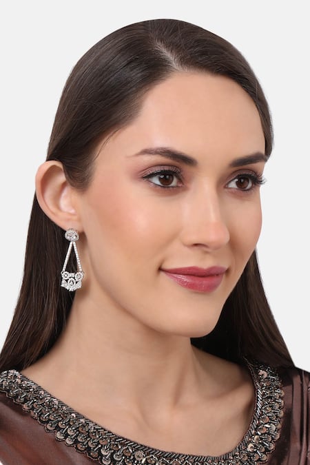 Shop Tizora White Fabric Flowers Studded Drop Earrings Online at Aza Fashions Shop_Tizora_White Fabric Flowers Studded Drop Earrings _Online_at_Aza_Fashions
