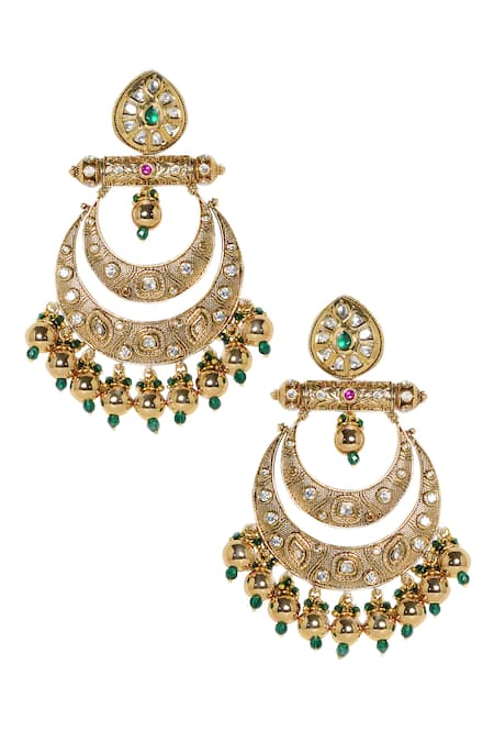 Shop Tizora Gold Plated Stones, Diamonds Antique Tiered Chandbalis at Aza Fashions Shop_Tizora_Gold Plated Stones, Diamonds Antique Tiered Chandbalis _at_Aza_Fashions
