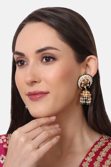 Tizora Gold Plated Fabric Flowers, Stones, Pearls Meenakari Engraved Jhumkas 