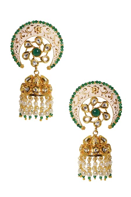 Shop_Tizora_Gold Plated Fabric Flowers, Stones, Pearls Meenakari Engraved Jhumkas _at_Aza_Fashions
