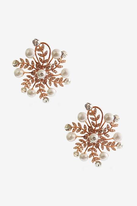 Shop_PRERTO_Gold Plated Pearls, Stones Floral Swarovski Stud Earrings_at_Aza_Fashions
