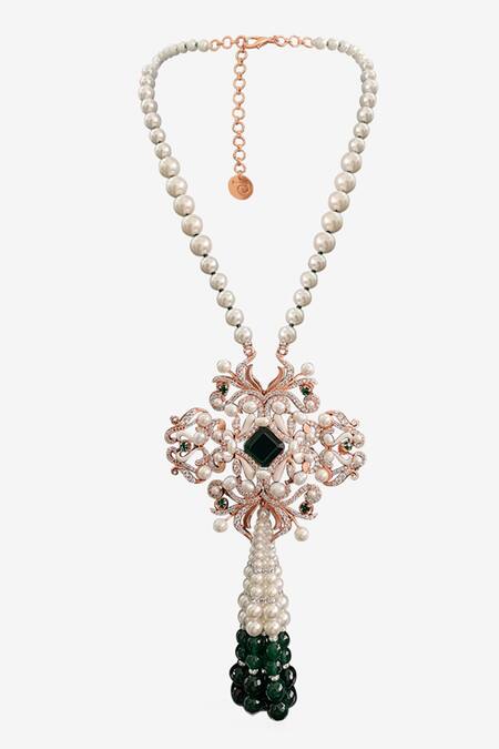 Shop PRERTO Gold Plated Swarovski Crystal Pendant Long Necklace at Aza Fashions Shop_PRERTO_Gold Plated Swarovski Crystal Pendant Long Necklace_at_Aza_Fashions