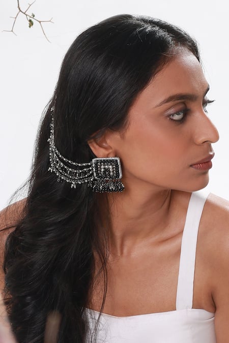 Vaidaan Black Metallic Thread, Beads Khizan Earrings With Ear Chain