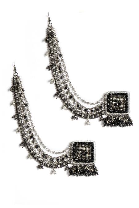 Shop Vaidaan Black Metallic Thread, Beads Khizan Earrings With Ear Chain at Aza Fashions Shop_Vaidaan_Black Metallic Thread, Beads Khizan Earrings With Ear Chain _at_Aza_Fashions