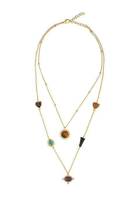 Shop ZARIIN Gold Plated Multi Stone Healing Layered Necklace at Aza Fashions Shop_ZARIIN_Gold Plated Multi Stone Healing Layered Necklace _at_Aza_Fashions