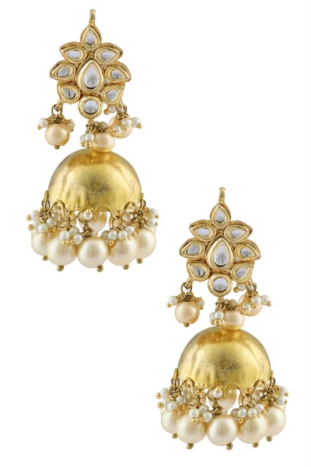 Shop Kista Gold Plated Pearl, Stone Floral Shaped Jhumkas at Aza Fashions Shop_Kista_Gold Plated Pearl, Stone Floral Shaped Jhumkas_at_Aza_Fashions
