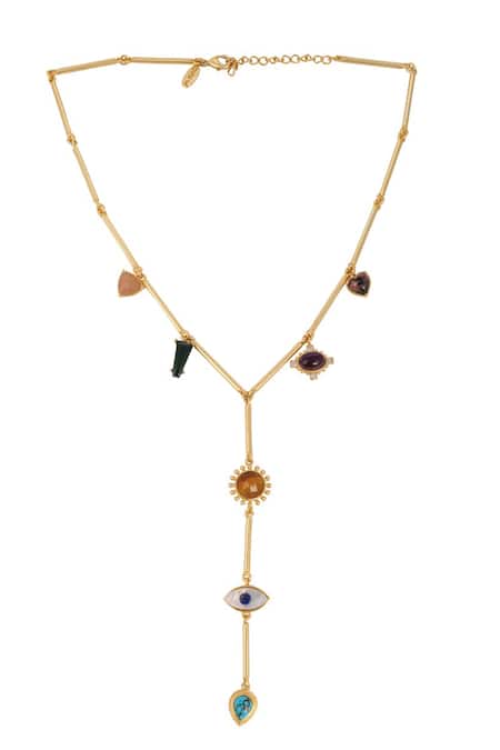 Shop Zariin Gold Plated Multi Stone Healing Necklace at Aza Fashions Shop_Zariin_Gold Plated Multi Stone Healing Necklace _at_Aza_Fashions