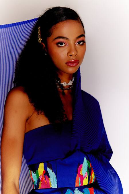 Mini Sondhi Blue Silk, Crepe, Georgette Beads, Paint Stain Trouser Saree Set With Wasp at Aza Fashions Mini Sondhi_Blue Silk, Crepe, Georgette Beads, Paint Stain Trouser Saree Set With Wasp _at_Aza_Fashions