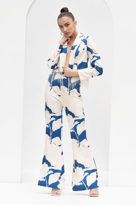 Mandira Wirk Resort_Blue Faux Leather Tassels Collared Mystic Texture Print Jacket And Pant Set _at_Aza_Fashions