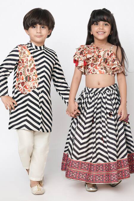 Shop Lil Drama Multi Color Polyester, Muslin Embroidery Chevron Print Lehenga With Ruffle Top Shop_Lil Drama_Multi Color Polyester, Muslin Embroidery Chevron Print Lehenga With Ruffle Top