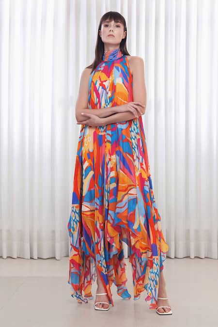Buy_Mandira Wirk_Multi Color Chiffon V-neck Pop Abstract Print High Low Dress 