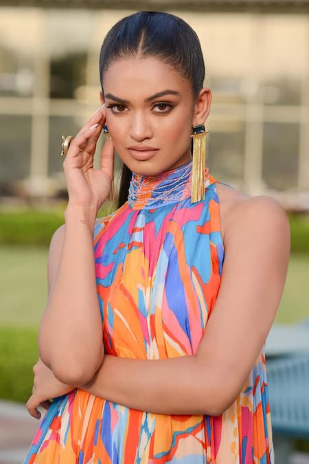 Shop_Mandira Wirk_Multi Color Chiffon V-neck Pop Abstract Print High Low Dress 