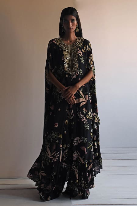 Arpita Mehta Black Natural Crepe Printed And Hand Embroidered Botanical Cape & Pant Set 