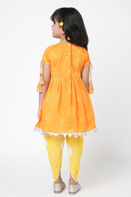 Shop Lil Drama Orange Cotton Tassels Khoochi Embroidered Kurta And Dhoti Pant Set at Aza Fashions Shop_Lil Drama_Orange Cotton Tassels Khoochi Embroidered Kurta And Dhoti Pant Set _at_Aza_Fashions