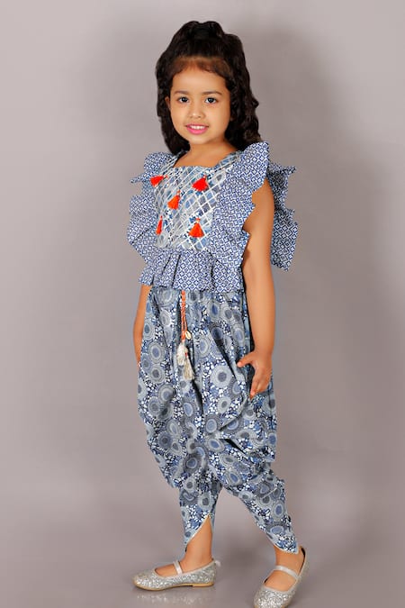 Buy Orange Cotton Printed Floral Peplum Kurta And Dhoti Pant Set For Girls  by LIL DRAMA Online at Aza Fashions.