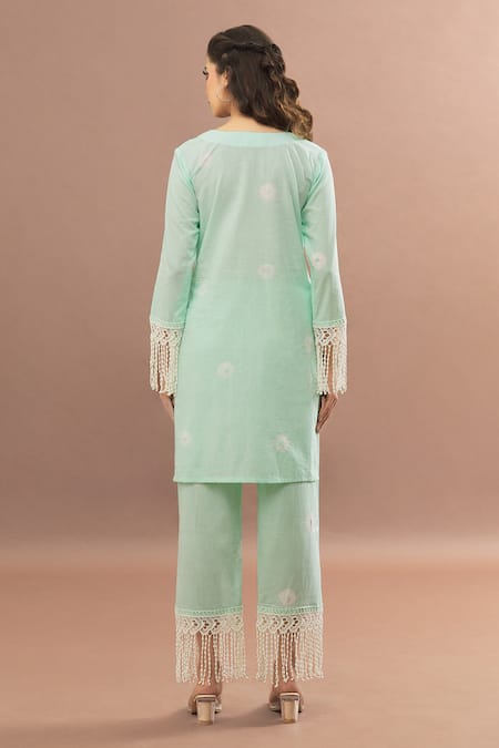 Kalakaari By Sagarika_Green Cotton, Kota Doria Lace, Cut Work, Bandhani Straight Kurta Pant Set _Online_at_Aza_Fashions