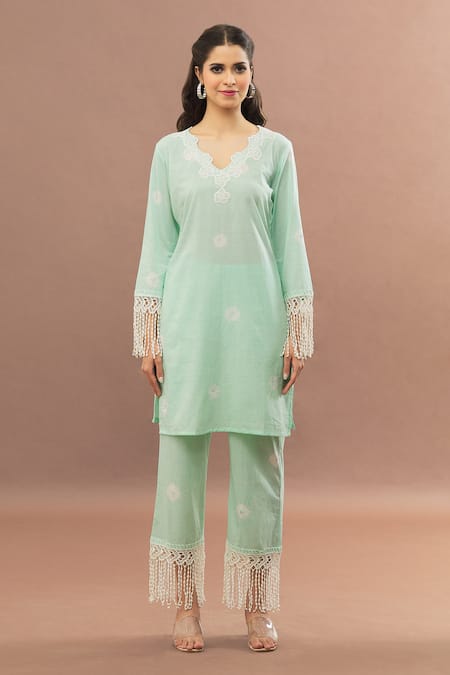 Buy_Kalakaari By Sagarika_Green Cotton, Kota Doria Lace, Cut Work, Bandhani Straight Kurta Pant Set _Online_at_Aza_Fashions