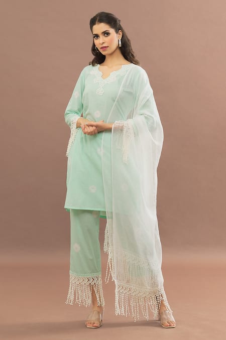 Shop_Kalakaari By Sagarika_Green Cotton, Kota Doria Lace, Cut Work, Bandhani Straight Kurta Pant Set _Online_at_Aza_Fashions