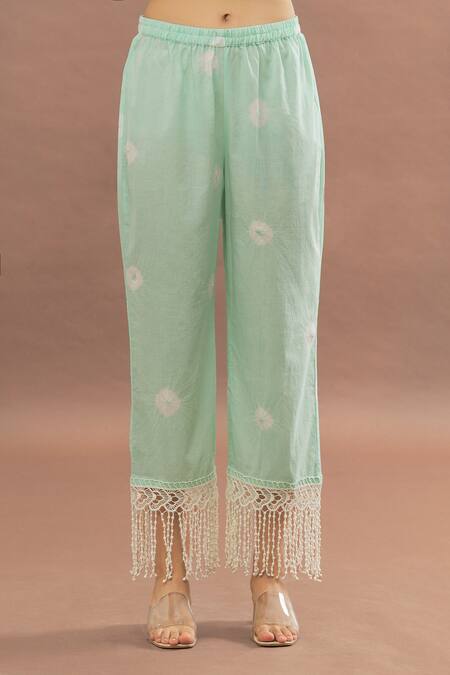 Kalakaari By Sagarika_Green Cotton, Kota Doria Lace, Cut Work, Bandhani Straight Kurta Pant Set _at_Aza_Fashions