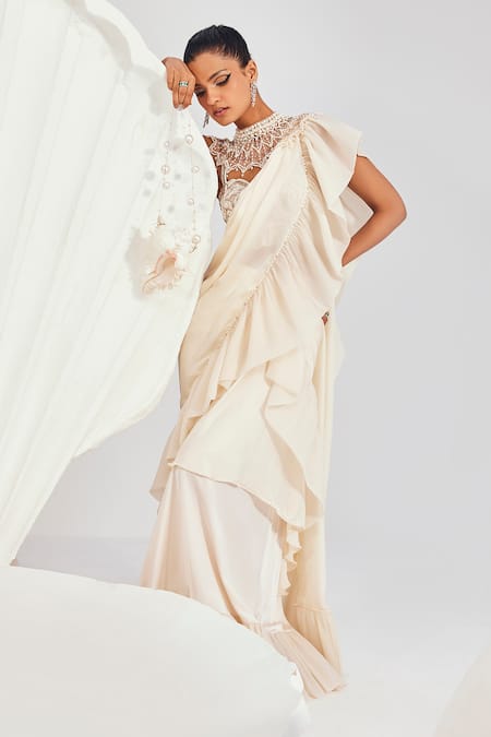 Divya Aggarwal_Ivory Satin Pearls Sweetheart Neck Ruffled Saree Blouse Set _Online_at_Aza_Fashions