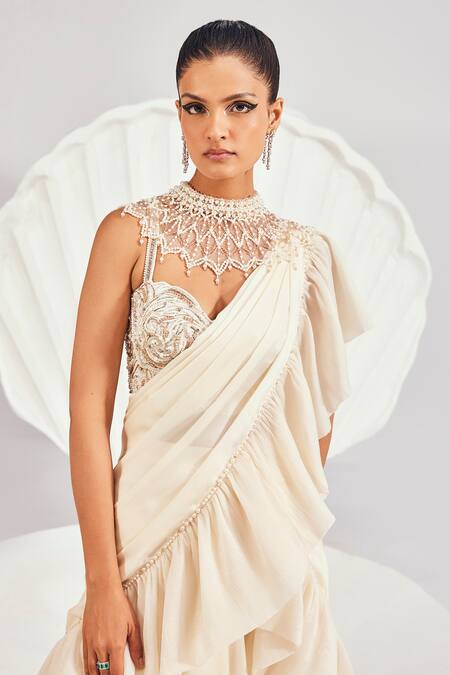 Shop_Divya Aggarwal_Ivory Satin Pearls Sweetheart Neck Ruffled Saree Blouse Set _Online_at_Aza_Fashions