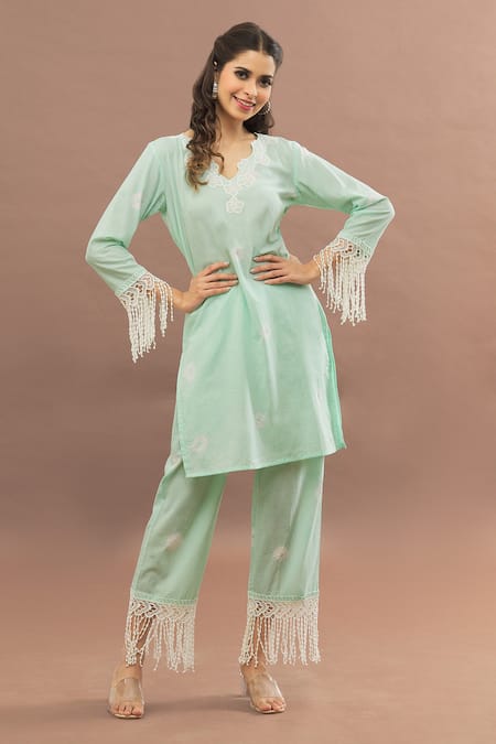 Kalakaari By Sagarika_Green Cotton Lace Cut Work Kurta With Pant_Online_at_Aza_Fashions