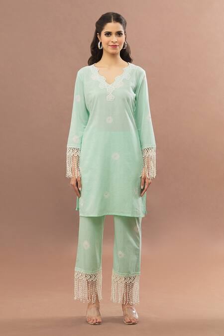 Buy_Kalakaari By Sagarika_Green Cotton Lace Cut Work Kurta With Pant_Online_at_Aza_Fashions