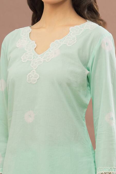 Shop_Kalakaari By Sagarika_Green Cotton Lace Cut Work Kurta With Pant_Online_at_Aza_Fashions