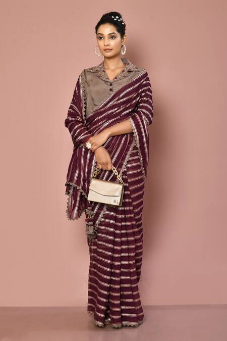 Nazaakat By Samara Singh Wine Georgette Weave, Lining Butter Crepe Stripe Lapel Print Saree With Blouse 4