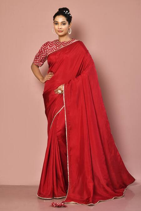 Buy_Nazaakat By Samara Singh_Red Muslin Printed Round Solid Saree With Blouse_Online_at_Aza_Fashions