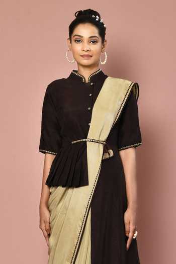 Nazaakat By Samara Singh_Beige Dola Silk, Lining Butter Crepe Band Solid Saree With Asymmetric Blouse_Online_at_Aza_Fashions