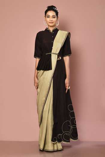 Buy_Nazaakat By Samara Singh_Beige Dola Silk, Lining Butter Crepe Band Solid Saree With Asymmetric Blouse_Online_at_Aza_Fashions
