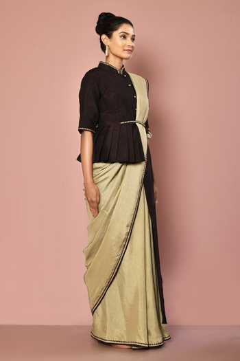 Shop_Nazaakat By Samara Singh_Beige Dola Silk, Lining Butter Crepe Band Solid Saree With Asymmetric Blouse_Online_at_Aza_Fashions