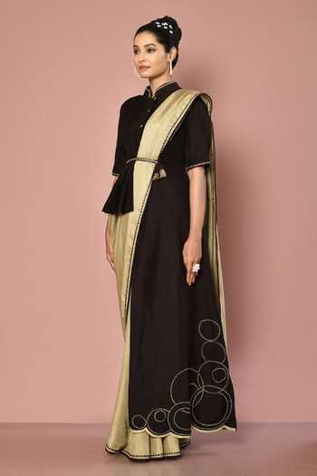 Nazaakat By Samara Singh_Beige Dola Silk, Lining Butter Crepe Band Solid Saree With Asymmetric Blouse_at_Aza_Fashions