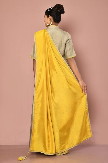 Shop_Nazaakat By Samara Singh_Beige Dola Silk, Lining Butter Crepe Band Solid Saree With Asymmetric Blouse_at_Aza_Fashions