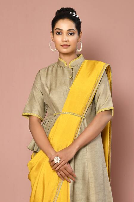Nazaakat By Samara Singh Beige Dola Silk, Lining Butter Crepe Band Solid Saree With Asymmetric Blouse Online at Aza Fashions Nazaakat By Samara Singh_Beige Dola Silk, Lining Butter Crepe Band Solid Saree With Asymmetric Blouse_Online_at_Aza_Fashions