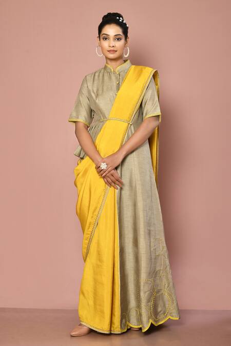 Buy_Nazaakat By Samara Singh_Beige Dola Silk, Lining Butter Crepe Band Solid Saree With Asymmetric Blouse_Online_at_Aza_Fashions