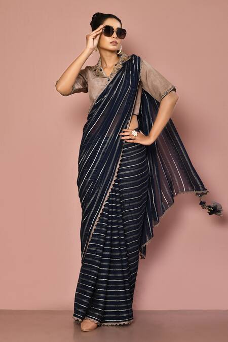 Buy_Nazaakat By Samara Singh_Grey Georgette Weave, Lining Butter Crepe Stripe Lapel Print Saree With Blouse_Online_at_Aza_Fashions