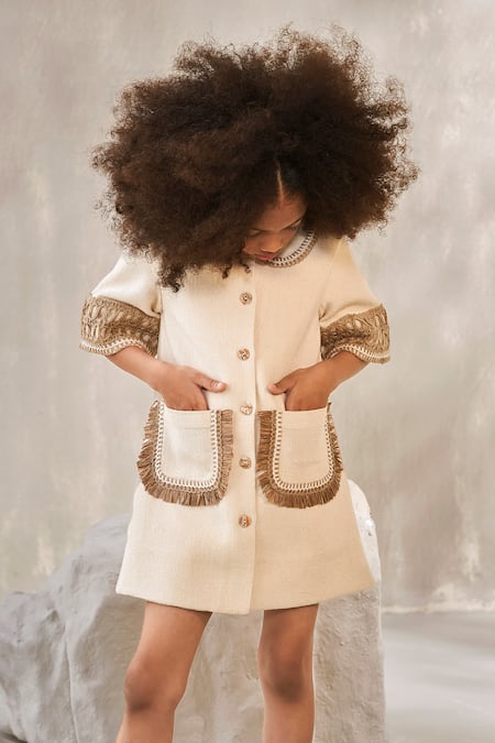 Jasmine And Alaia_Beige Cotton Fringe The Hazel Dress_Online_at_Aza_Fashions