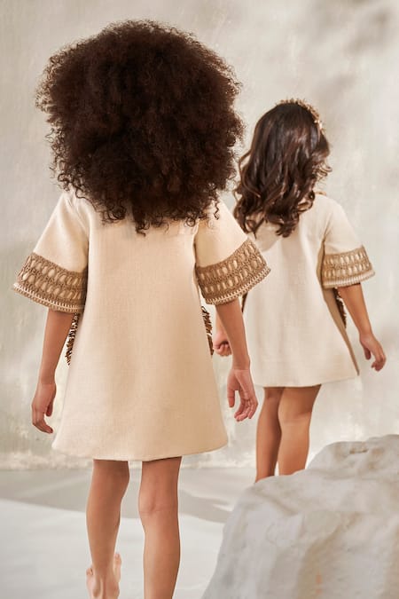 Shop_Jasmine And Alaia_Beige Cotton Fringe The Hazel Dress_Online_at_Aza_Fashions