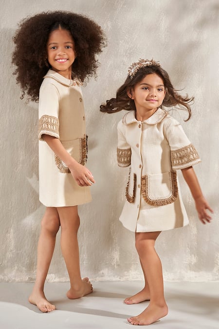 Jasmine And Alaia_Beige Cotton Fringe The Hazel Dress_at_Aza_Fashions