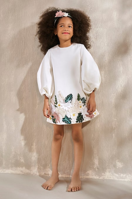 Jasmine And Alaia Off White Cotton Satin Embroidered Floral Applique Calmin Dress