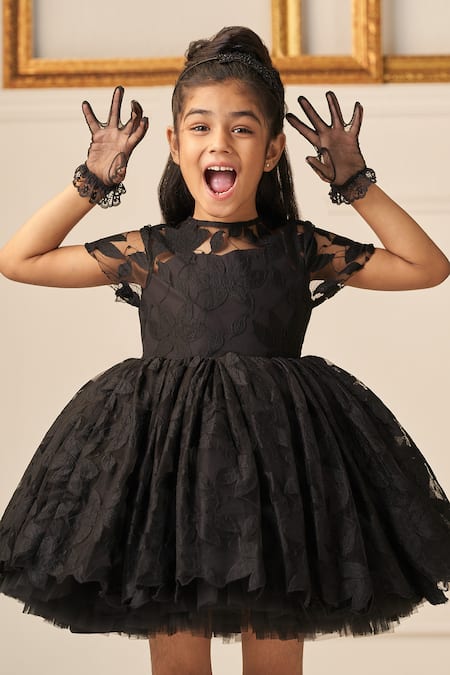 Jasmine And Alaia Black Lace Tulle Embroidered Cutwork Elsa Floral Cutout Flared Dress