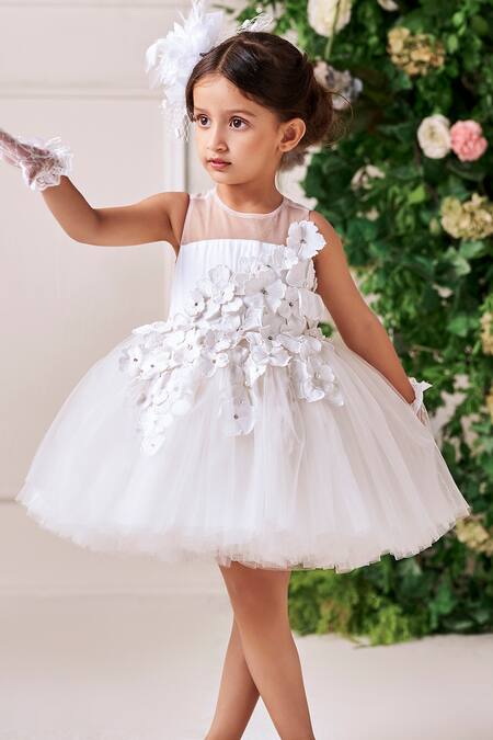 Jasmine And Alaia_White Tulle Embroidered Floral Applique Georgia Dress_Online_at_Aza_Fashions