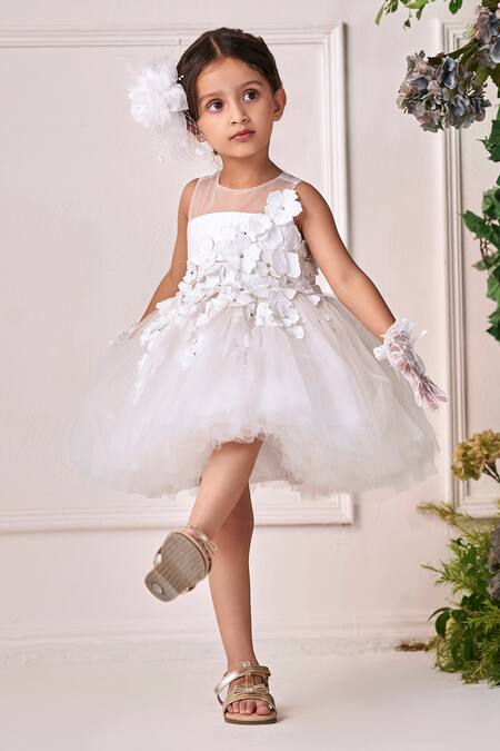 Jasmine And Alaia_White Tulle Embroidered Floral Applique Georgia Dress_at_Aza_Fashions