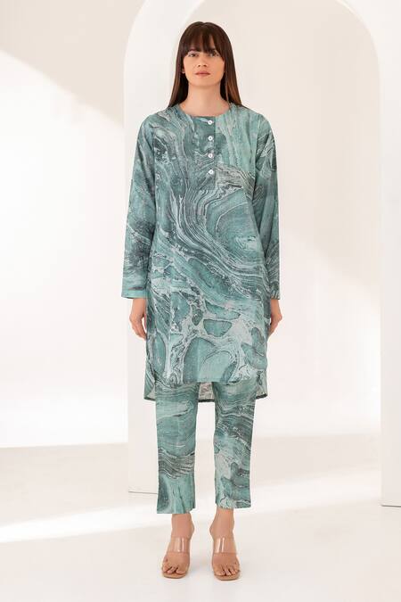 Kameez_Green Cotton Printed Marble Round Neck Kurta And Pant Set_Online_at_Aza_Fashions